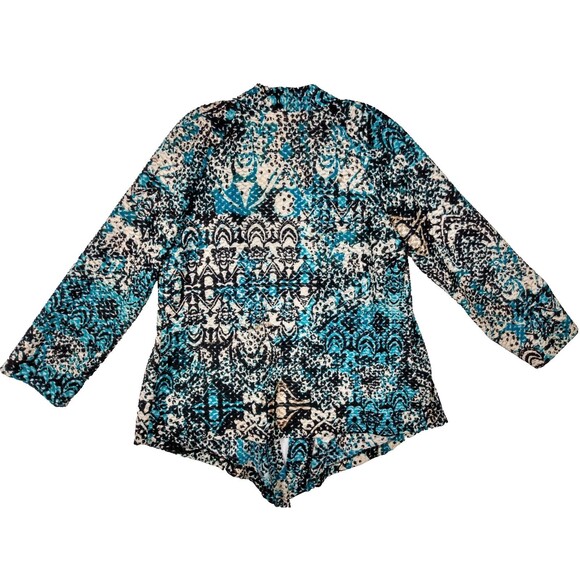 Chico's Womens Open Cardigan Size 2 L/12 Long Sleeve Blue Black Artsy Sheer Boho - Picture 2 of 8
